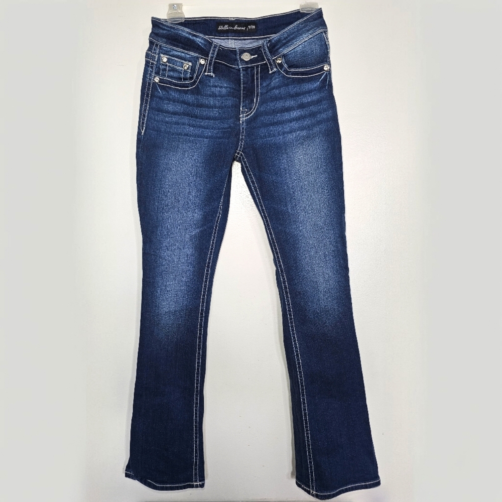 $6.49 SHIPPING Stella in Dreams Mid-rise Boot Cut Jeans with Bedazzled Butt